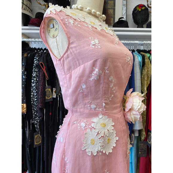 Vintage style pink organza dress applique daisies easter spring wedding s/m 28 - Picture 4 of 12